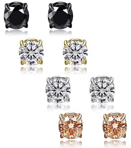 4 Pcs Magnetic Earrings for Men Women, 8mm Non Piercing Clip on Earrings, for Women Men Girls Boys Birthdays Gifts(Silver,Black,Rose Gold,Gold with White Diamonds)