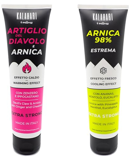 KALAHARI Kit Chaud + Froid, Gel à l’Arnica 98% + Griffe du Diable, Pré et Post entraînement, Action intense pour Massage Muscles, Articulations, Contractures, Mobilité – Extra fort, Fabriqué en Italie