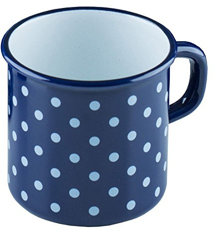 Riess, 0221-075, Emaille Topf mit Bördel, Kaffeebecher, Durchmesser 8cm, 0.375 Liter Inhalt, 3/8 Liter, LBH 11,1x8,8x8,4cm, Gew. 0,192kg (PÜNKTCHEN BLAU)