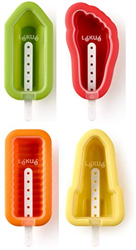Lékué Set 4 Moldes para helados icónicos, Cohete, Espiral, Pie, Lápiz, silicona platino multicolor