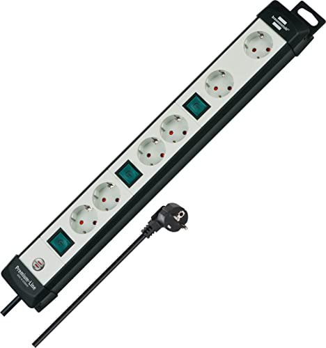 Brennenstuhl Premium-Line Steckdosenleiste 6-Fach (Mehrfachsteckdose mit 3 Schaltern und 3m Kabel, Steckdosenleiste Wandmontage, Made in Germany) schwarz/grau