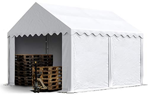 TOOLPORT Lagerzelt 4x4 m Industriezelt Unterstand PVC Plane 750 N weiß mit Bodenrahmen und Dachverstärkung