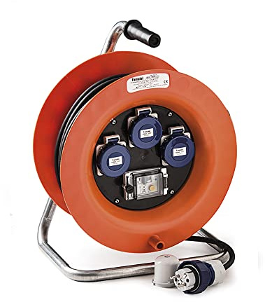 FAMATEL – Avvolgicavo 3 prese | IP67 | 30 metri | Interruttore + Differenziale Magnetotermico | 3 prese TT - 16A - 250V | Spina TT - 16A - 250V | Cavo neoprene 3x1,5