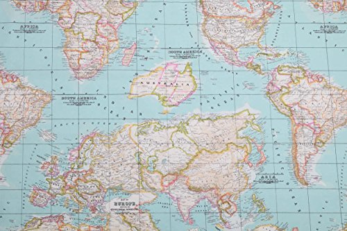 HomeBuy WORLD MAP 2 designer gardin klädsel bomullstyg material - John Lewis retro världskarta kanvas - ljusblå - 280 cm extra bred (säljs per meter)