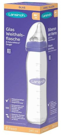 LANSINOH Weithalsflasche Glas 240 ml mit Sauger M 1 St