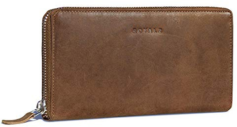 ROYALZ 'Lilly' Vintage Portemonnaie Damen Groß mit Reißverschluss Büffel-Leder RFID Schutz Frauen Geldbörse Querformat, Farbe:Sonora Braun