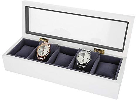 Semme Uhrenbox Vitrine, 5 Slot Glas Aufbewahrungsbox Organizer Uhr Schmuck Display Box(Weiß)