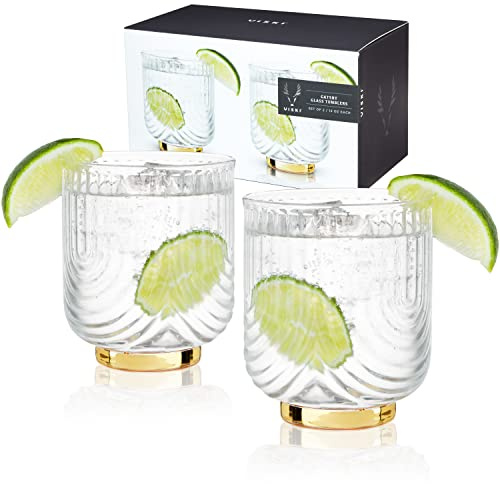 Viski Gatsby, bicchieri Lowball, bicchieri vintage per whisky, scotch e bourbon, design ad arco in vetro ondulato Art Déco, base placcata oro, set da 2, 350 ml