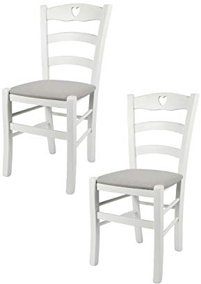 t m c s Tommychairs - 2er Set Stühle Cuore für Küche und Esszimmer, Robuste Struktur aus Buchenholz, deckend Weiss lackiert und gepolsterte Sitzfläche mit Stoff in der Farbe Perlgrau bezogen