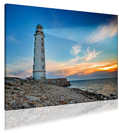 AbsorPic Foto Premium Akustikbild Leuchtturm, Küste, Sonne, Meer 80 x 60 x 3 cm | Breitband Schall-Absorber verbessert die Raumakustik | viele Größen | Made in GERMANY, Köln