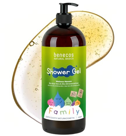 Benecos Family Size Shower Gel Wellness Moment - Bio-Zitronenmelisse & Bio-Aloe Vera - erfrischende & milde Körperpflege - veganes Duschgel - dermatologisch getestet - 950 ml