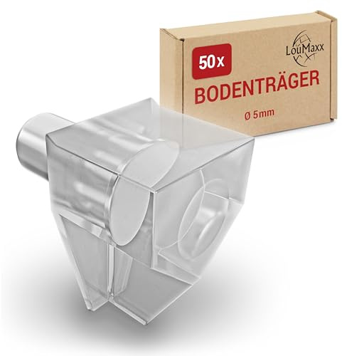 LouMaxx Bodenträger 5mm Kunststoff transparent mit Stahlstift, 50 Stück – Einlegeboden Halter - Regalbodenträger – Regalstifte – Fachbogenträger - aus massivem Stahl