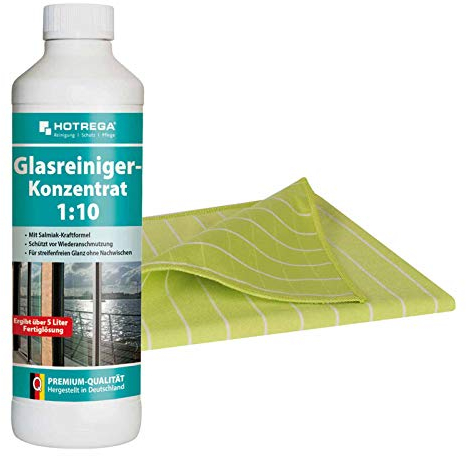 HOTREGA Glasreiniger 1:10 Konzentrat 500ml, Reinigung Glasflächen, Reiniger Glas (500ml inkl. Glaspoliertuch)