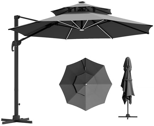 Outsunny 3 m Cantilever Roma Parasol with LED Solar Lights, Crank and Tilt, Aluminium Frame, Cross Base and Adjustable Canopy 360° Rotating Sun Umbrella with 2-Tier Shade, Grey
