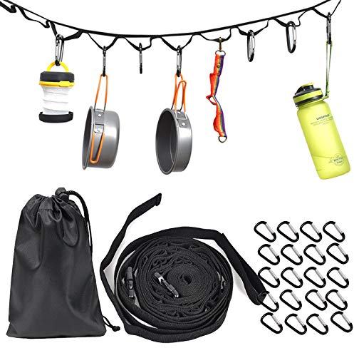 DY.2ten 4.5M Outdoor Camping Rope Strap with 19 Keychain Carabiners,Portable Camping Hanging Rope with Hooks for Camping, Hiking, Outdoor Tent Accessories, Hang Your Camping Gear