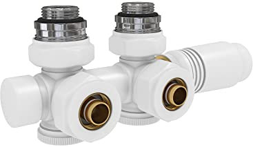 EMKE Hahnblock Multiblock Heizkörper Mittelanschluss Ventil-Armaturen Ventilhahnblock Set mit Thermostat, Eck und Durchgangsform, Heizkörperventil für Badheizkörper Weiß G1/2