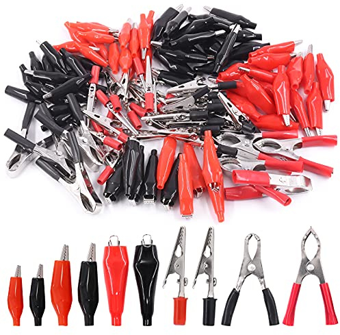 Mardatt Assortiment de 108 pinces crocodiles en métal - 10 types - Rouge et noir - Pinces de test électriques - Connecteur d'aide au démarrage - Avec housse de protection d'isolation