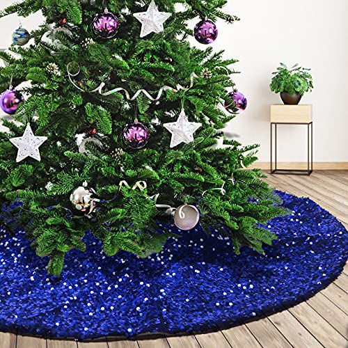 Deggodech Pailletten Weihnachtsbaum Rock 122cm Navy Blau Glitter Weihnachtsbaumrock Matte Weihnachtsbaumdecke Rund Baumdecke Weihnachtsbaum für Weihnachtsfeiertag Dekorationen (Blau, 48inches)