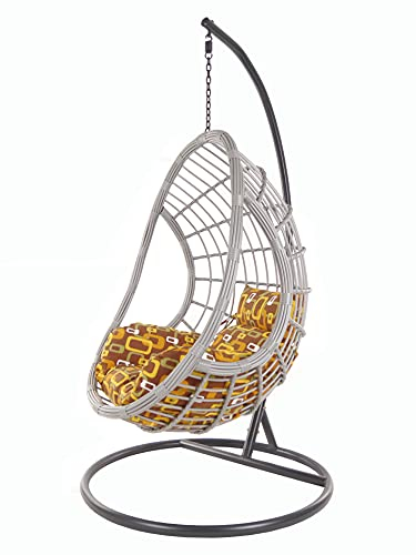 KIDEO® PALMANOVA großer Hängesessel inklusive Gestell und Kissen, Polyrattan, grau (Kissen: Nest braun Gemustert [7117 Hello Seventies])