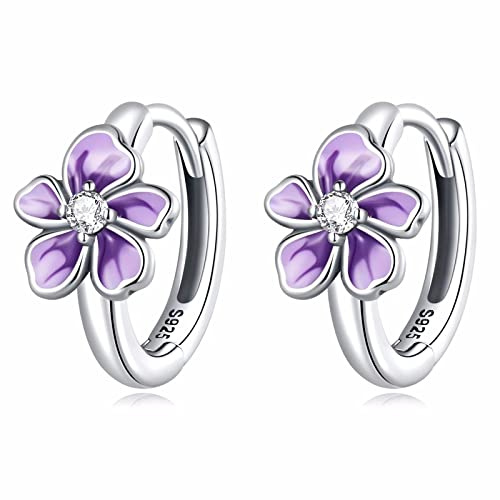 Qings Blumen Creolen Ohrringe Damen 925 Sterling Silber Hypoallergen Kleine Creolen Lila Blume Huggie Ohrringe Mode Knorpel Ohrring Geburtstags Geschenk für Mädchen Tochter