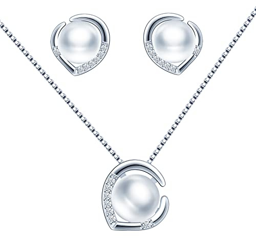 CPSLOVE Halskette und Ohrringe für Damen Mädchen, 925 Silber Schmuck-Sets, Elegante Perlen Ketten Anhänger, Herz Ohrringe, Eingelegter Zirkon