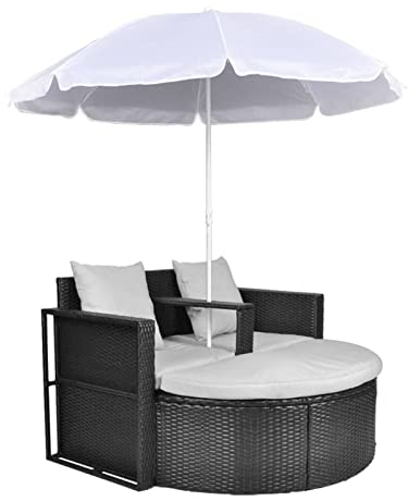 Mogou Gartenbett mit Sonnenschirm, Liegen, Sonnenliege, Liegeinsel Outdoor, Outdoor Bett, Doppelliege, Gartenliege, Daybed Outdoor, Braun Poly Rattan