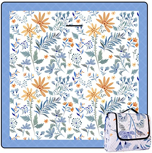 DEWUR Picknickdecke wasserdicht waschbar, Stranddecke Sandfrei XXL Campingdecke Strandmatte isoliert mit wasserdichter Unterseite (Weiß mit Blumen, 200 x 200 cm)