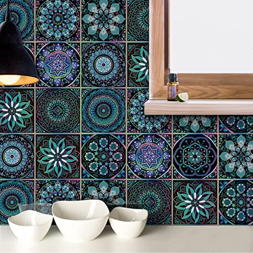 HORIWE Tile Stickers Green Purple Mandala Style Wall Decal Sticker Adhesive Tile Art DIY Kitchen Bathroom Backsplash Floor Home Decor PVC Waterproof Oil Proof New 4x4 Inches 20PC