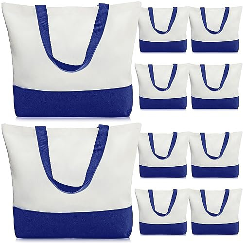 Weewooday 10 Pack Canvas Tote Bag Large Blank Reusable Grocery Bags with Handles DIY Cloth for Shopping Beach Travel(Navy Blue, White)