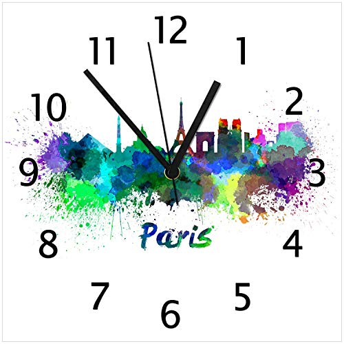 Wallario Design-Wanduhr Städte als Aquarell - Skyline von Paris aus Glas, Motiv-Uhr Größe 30 x 30 cm, Schwarze Zeiger