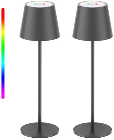 Aipsun lampada da tavolo senza fili batteria,2 pezzi lampada da tavolo ricaricabile calda 3000K+ RGB, LED dimmerabile,5000mAh, alluminio, USB-C, IP54, per uso interno ed esterno(grigio scuro)