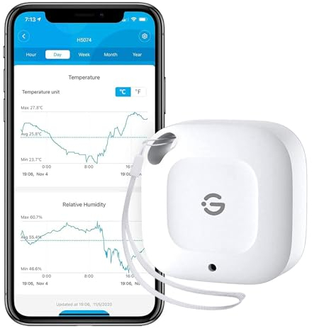 GoveeLife Bluetooth-Thermometer-Hygrometer,80 m, intellig.Temp.- und Luftfeuchtemessgerät mit App-Benachrichtigung, 2 Jahre gratis Datenspeicherung + -export,für Schlafzimmer, Gewächshaus, Weinkeller