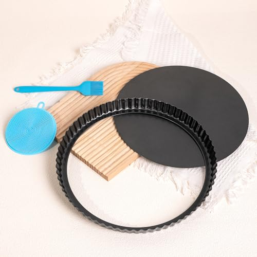 Highkit Teglia Rotonda per Torte con Fondo Scanalato, 32 cm, per Quiche con Base Allentata, Antiaderente, per Crostate di Cottura, Quiche, Tortiera, Quiche, Acciaio al Carbonio, Grigio Scuro