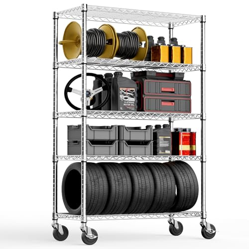 M MZG 5-stufiges Schwerlastregal, Metallregal bis 794.5 kg, Robustes Lagerregal für Garage, Keller, Werkstatt, Lagerraum, Abstellraum und Hobbyraum, verchromt, 45×120×192 cm
