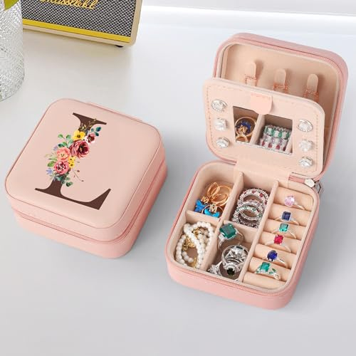 TINGN Geschenke Mädchen 8, 9,10,11,12 Jahre - Personalisierte Schmuckschatulle Reise Schmuckkästchen Mädchen mit Namen Initiale L Kleine Schmuckkästchen für Damen Geschenk für Geburtstage