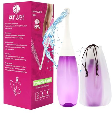 ZEY LUXE 450ml Hygienic Portable Bidet for Travel to Use for Easy Cleaning, Peri Bottle for Postpartum Care - Portable Bidet Sprayer Head for Toilet Travel, Childbirth Cleaner & Feminine Care - Purple