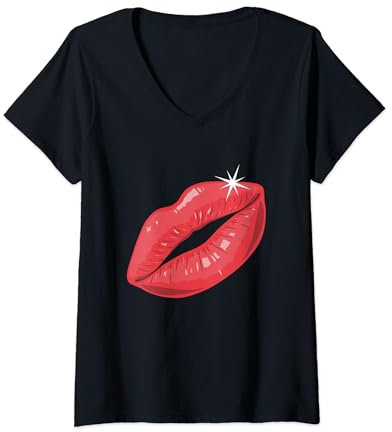 Damen 90er Jahre 80er Party Roter Lippenstift Kiss Kuss Kussmund T-Shirt mit V-Ausschnitt