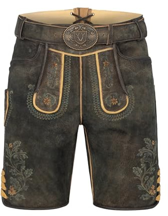 Krüger Herren Trachten Lederhose kurz, Modell: Charlie mit Gürtel, Knielang, braun und grau, Tracht, Volksfest