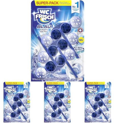 WC FRISCH Kraft Aktiv Blauspüler Chlor (150 g), WC Reiniger mit innovativer Geruchs-Stopp-Formel, Duftsteine für extra Frische und eine sichtbare Reinigung (Packung mit 4)
