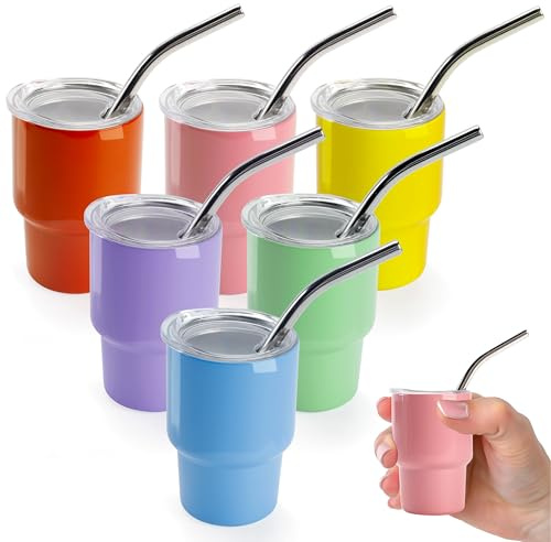 Joyclub Paquete de 6 mini vasos de chupito con popote y tapa, 3 onzas, colores mezclados, vasos de chupito personalizados para sublimación, mini vaso aislado para café expreso, recuerdos de fiesta