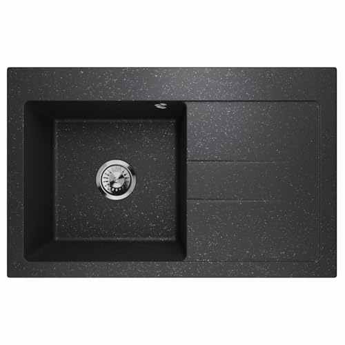 Spülbecken Einzelbecken Spülwaschbecken Einbauspüle mit Abtropffläche Granit Siphon Lavello Luxor 1.0 Schwarz Graphit - Rechts