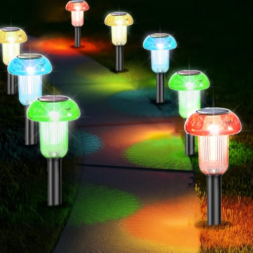 hixyer Mushroom Solar Lights Outdoor Garden 8 Pack, Multicoloured Solar Pathway Lights Waterproof Up to 12 Hours Cute LED Landscape Lighting for Garden Yard Ground Lawn Walkway Outside Decor