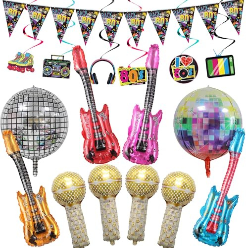 FSADASY 17pcs Inflatable Rock Star Party Favor, Inflatable Room Box Guitar Props for 80's 90's Party Decorations,Rock Party Supplies for Boys Happy Birthday Gifts