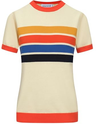 OXKnit Camisetas para mujer de los años 60, retro, de punto, manga corta, cuello redondo, informal, para mujer, Rayas Beige, M
