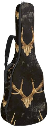 Gitarrentasche für Akustikgitarre mit zwei Taschen, Vintage-Stil, dunkles Elchgeweih, wasserabweisend, doppelt verstellbarer Schultergurt, Gitarrentasche, Dunkles Elchgeweih im Vintage-Stil,