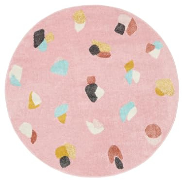 RugVista Candy, Kinderteppich, Ø 100 cm, Rund, Niedriger Stapel, Kinderzimmer, Maschinenwäsche, Ohne gefährliche Chemikalien, Rosa/Multi