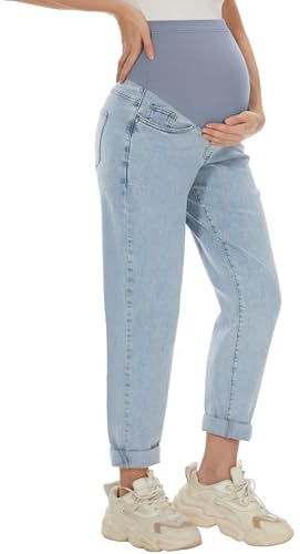 AVOG Umstands-Boyfriend-Jeans, hohe Taille, dehnbar, Denim, Schwangerschaftshose mit 4 Taschen, Hell, blau, M