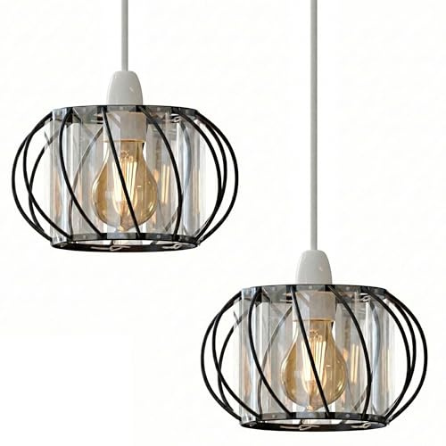 2Pcs Modern Crystal Glass Light Shade 10cm Easy Fit Metal Hanging Ceiling Pendant Light Fixtures Chandelier Light Fitting Lamp Cage for Hallway Dining Room Living Room (Black)