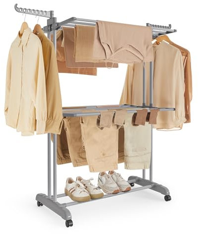 SONGMICS Wäscheständer, Standtrockner 3 Ebenen, Flügelwäscheständer, klappbare Flügel, mit Rollen, 63,5 x 125,5 x 148 cm, groß, einfacher Aufbau, für Innen- und Außenbereich, Taubengrau LLR702G01