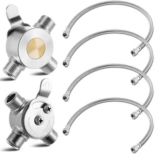 Yaocom 2 Pcs 3/8 Manual Mixing Valve Hot Cold Water Temperature Mixer Thermostatic Mixing Valve for Home and Bathroom Below Deck to Adjust Water Temperature, 4 Braided Faucet Connector Included